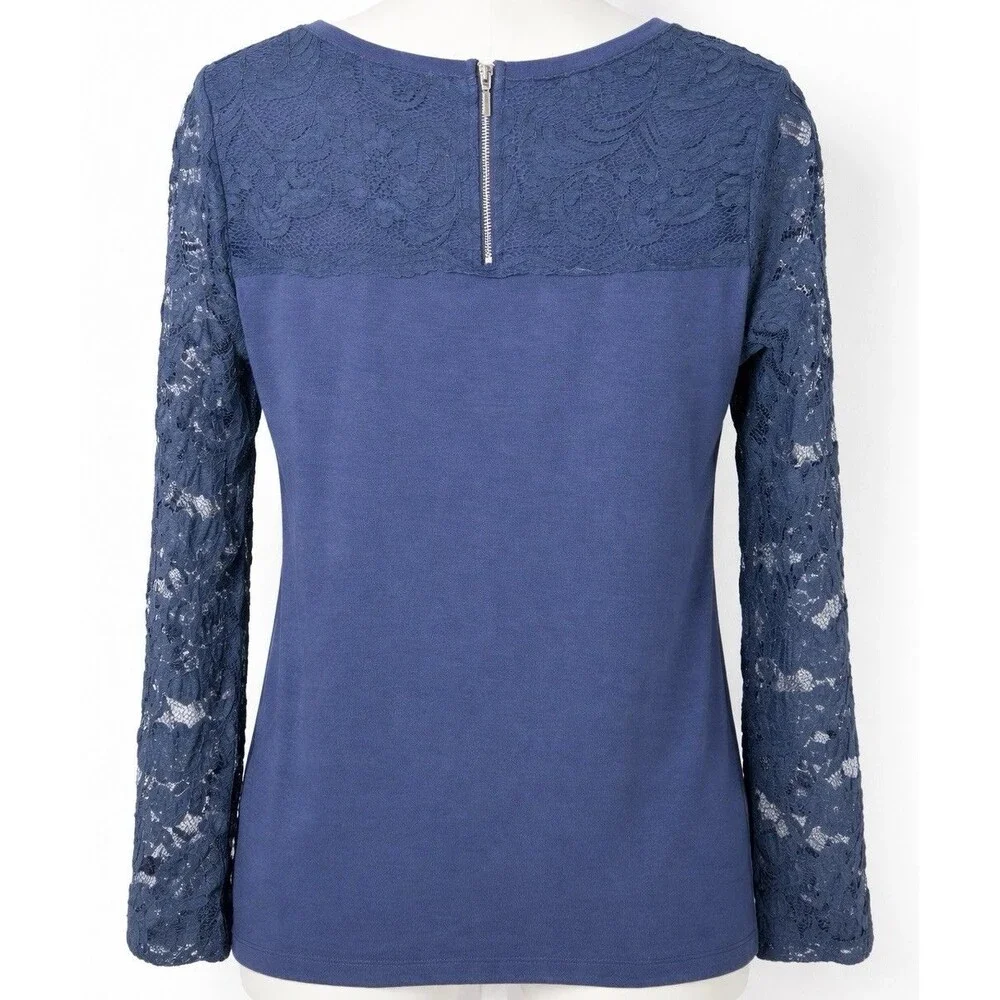 Chico’s Blue Lace Long Sleeve Top Back Zip Sheer Sleeves Women’s Size 1 US M